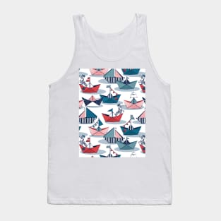 Origami dog day at the lake // pattern // white background red teal and blue origami sail boats with cute Dalmatian Tank Top